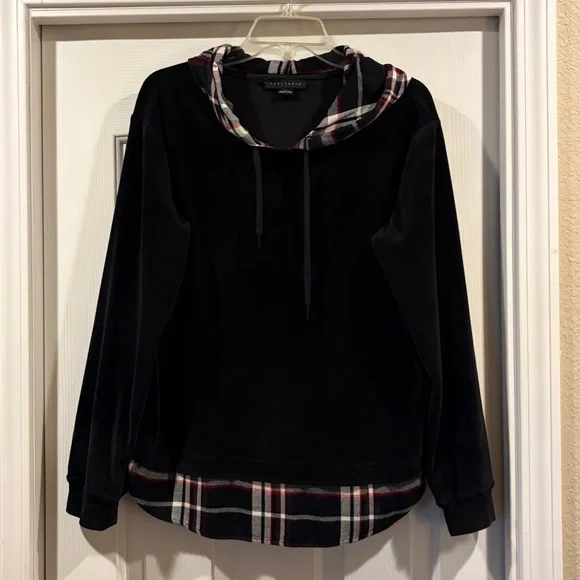 Sanctuary Black Hoodie with Plaid Accents soft velvet feel size L like new - Picture 2 of 6